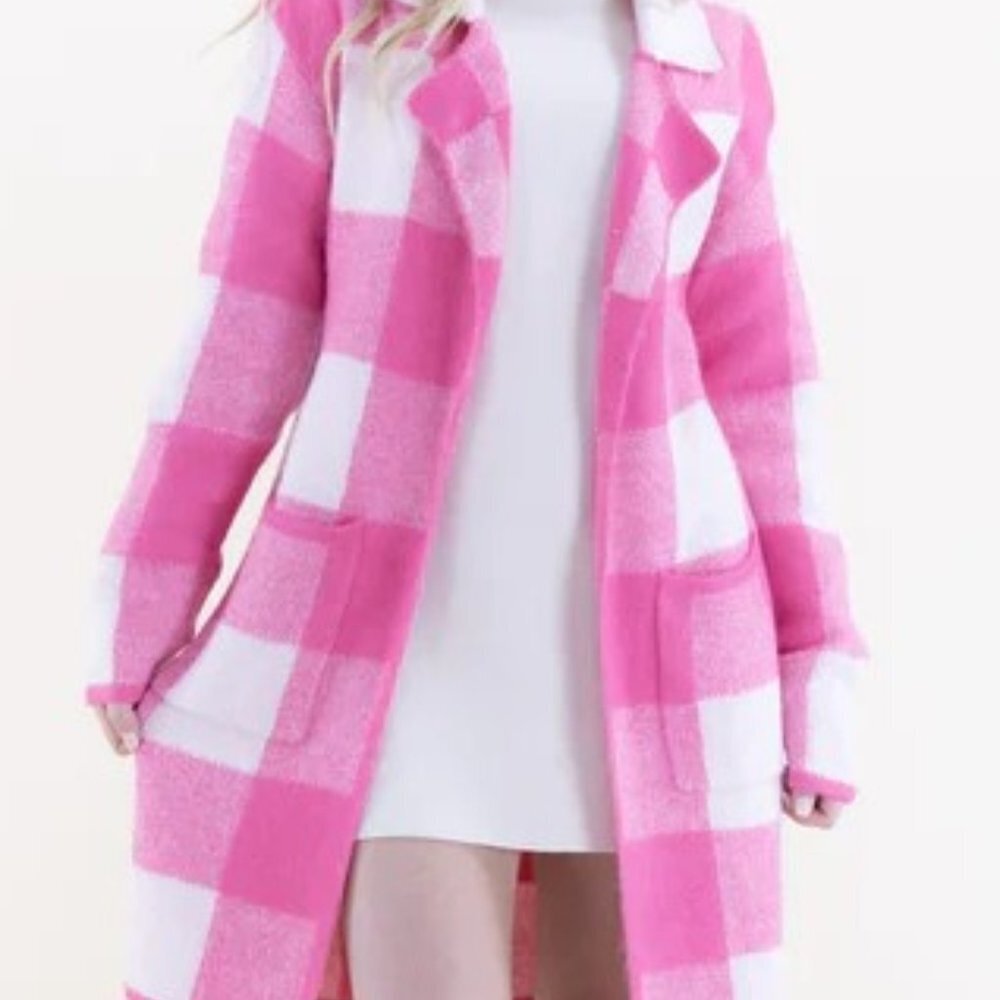 Women's Plaid Knit Coatigan Sweater Jacket Fuchsia Pink with Front Pockets NWT